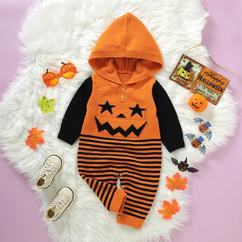 

0-18m Baby Girl Boy Halloween Rompers Orange Hooded Full Sleeved Knit Newborn Infant Unisex Pumpkin Jumpsuits Playsuits Clothing