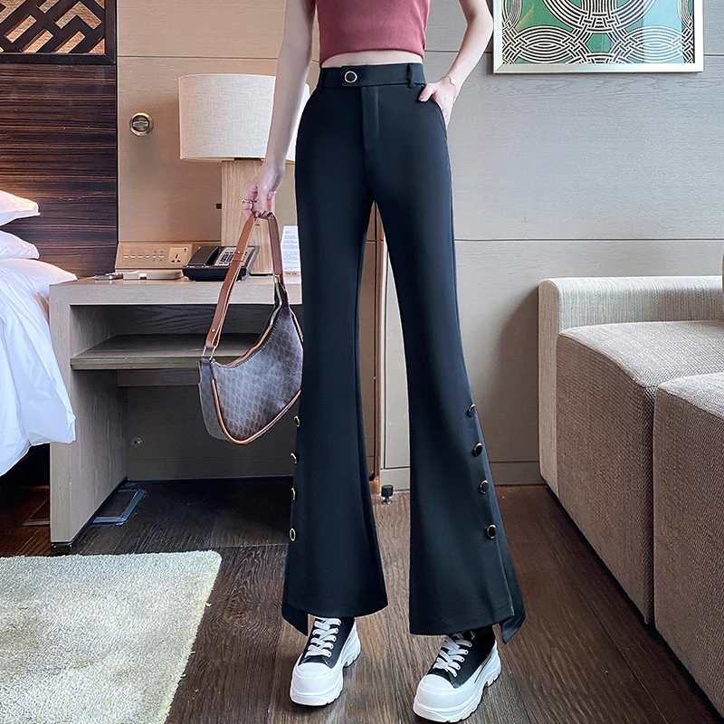 

Split Zipper Button Women Trousers Korean FashionCasual Office Lady Black Flare Pants Female High Waist LongPants Joggers Women