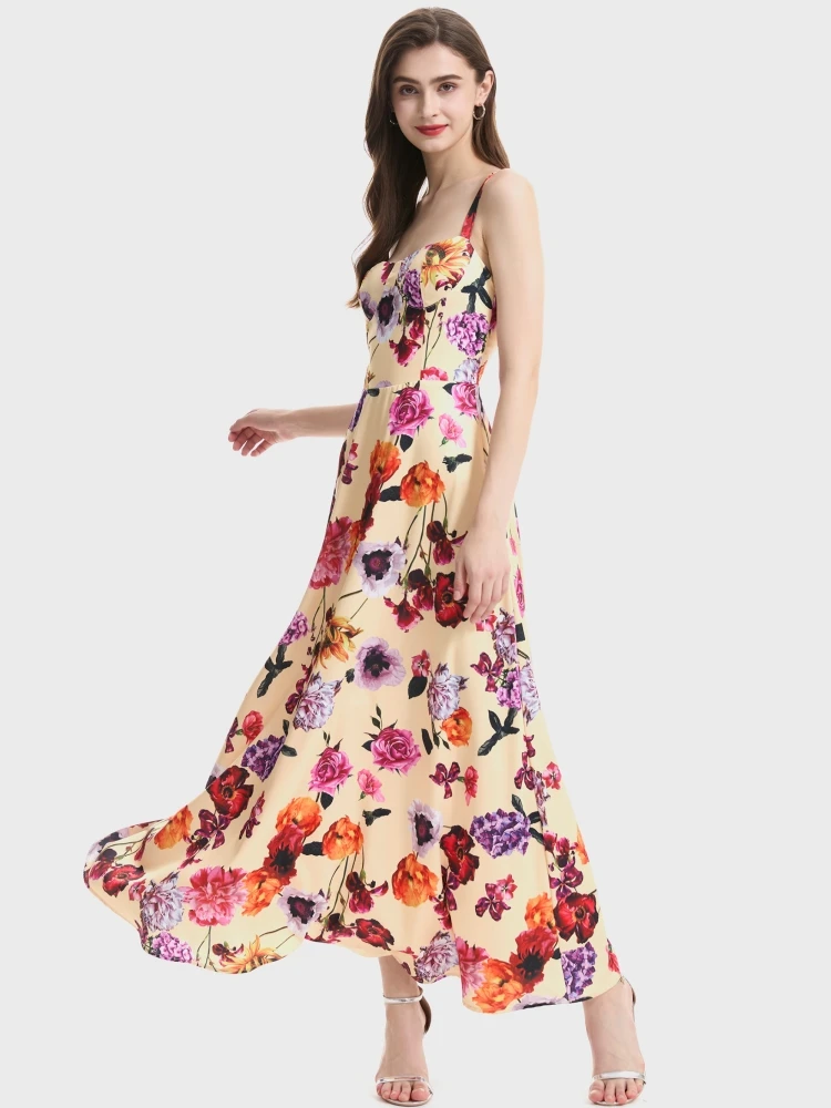 Summer Holiday Sexy Sundress Straps Floral Long Dress Women Stretchy Top Backless A Line Print Midi Vestidos