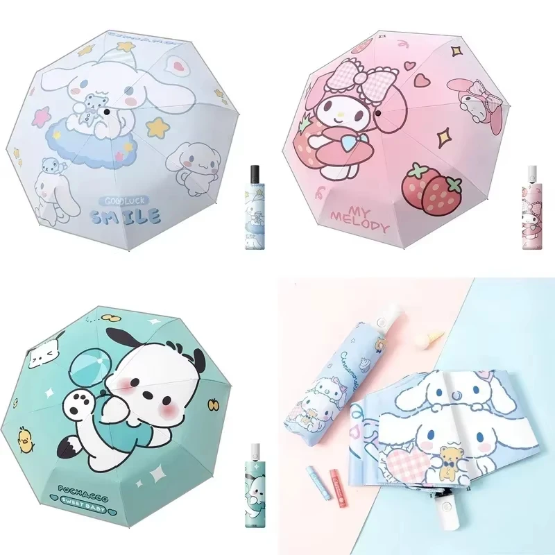 Sanrio Automatic Umbrella Cinnamoroll Pochacco Sunshade Umbrella Portable Sunscreen Anti-Ultraviolet Folding Umbrellas Kid Gifts