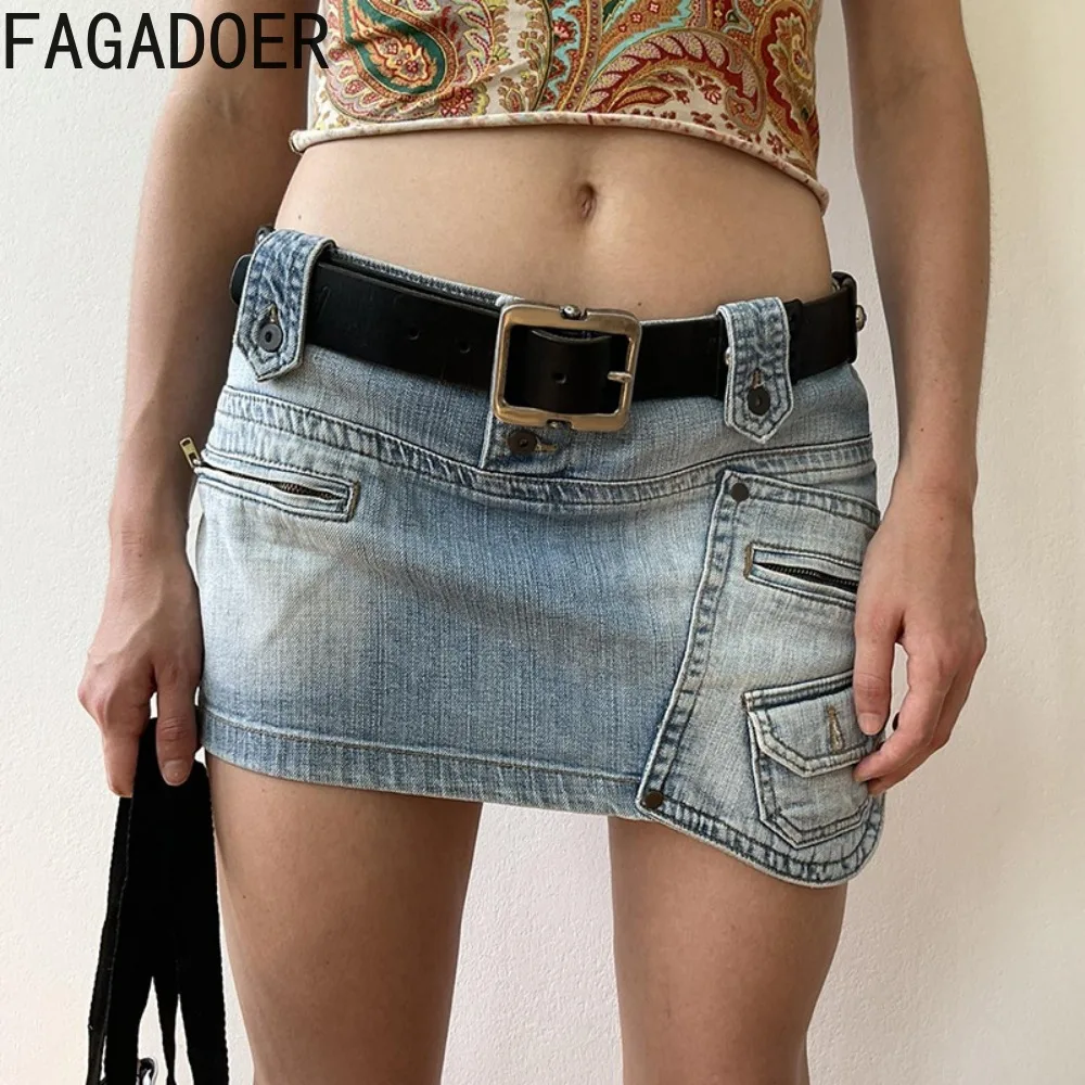 FAGADOER Fashion Retro Irregular Gradient Mini Denim Skirts Women Low-waisted Zipper Pocket Skirt Female Y2K Cowboy Bottoms 2024