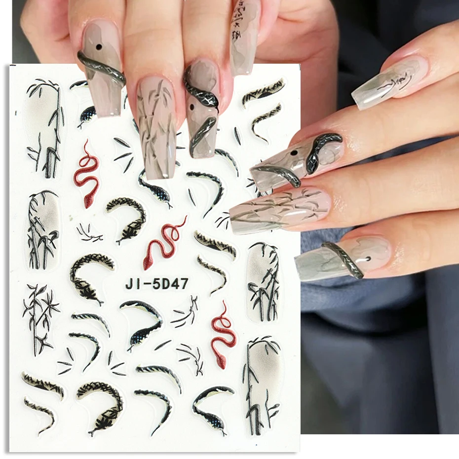 5D Green Snake Chinese Design Nail Sticker Bamboo Ink Painting Nail Art Black Red Snake Decal Cool Manicure Accessories JI-5D47