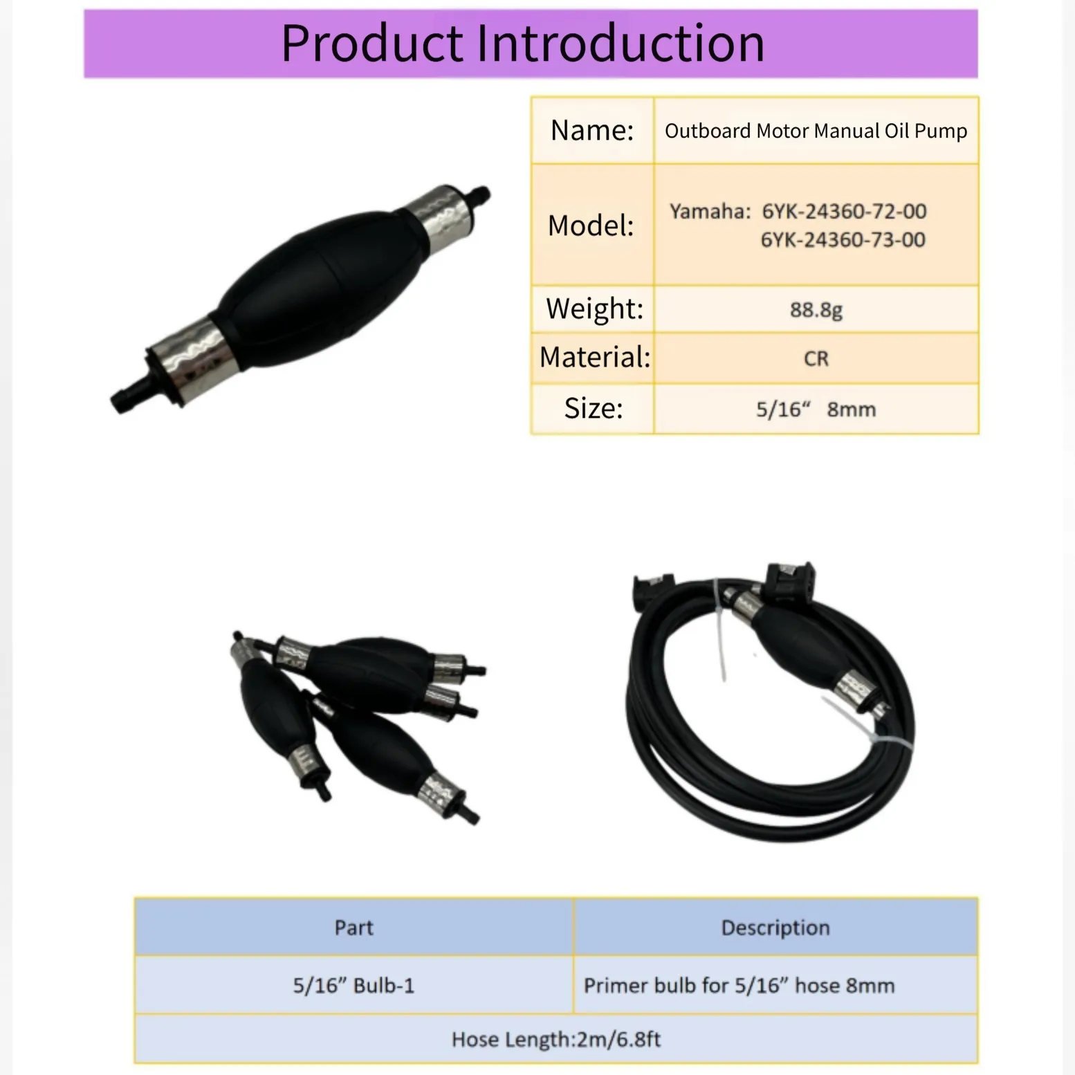 Fuel Bulb Replacement for Outboard Motor Fuel Systems Compatible with 6YK-24360-72 6YK-24360-72-00 6YK-24360-73-00