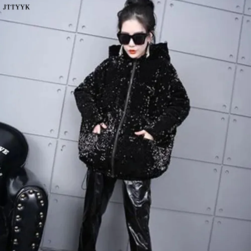 Full Sequins Parka Woman 2024 Winter Coat Thick Hooded Parka Streetwear Wide-waisted Solid Zippers Pockets Warm Jacket Parkas