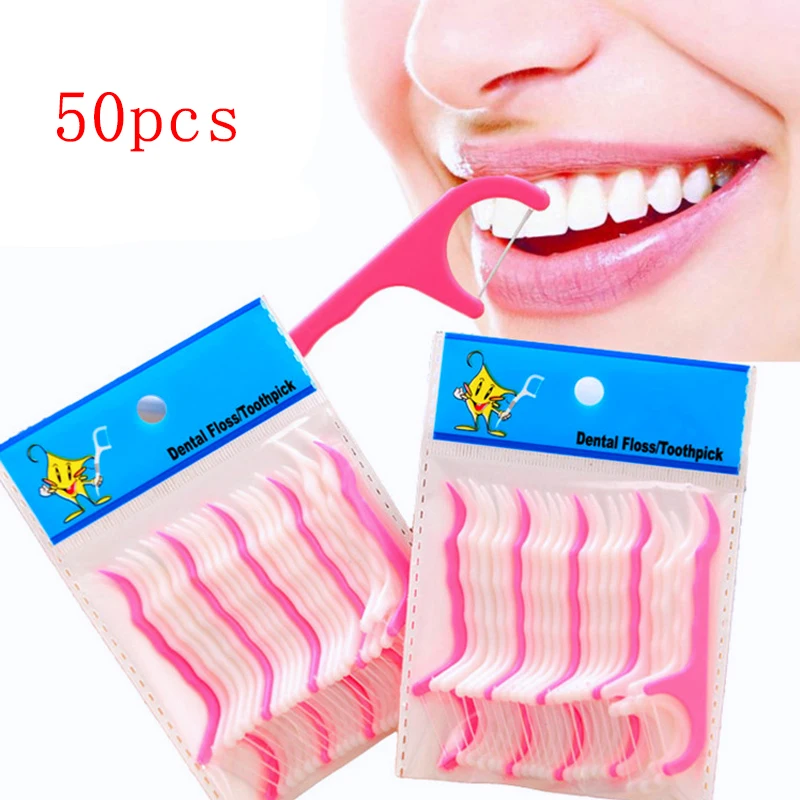 50pcs High-Quality High Tension Dental Floss Portable Bow Ultra-fine Cleaning Care Flat Line Tooth Stick Toothpicks Floss Stick