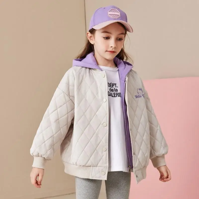 

Hot Sanrio Hello Kitty Girl Cotton Clothes Winter Two Fake Pieces Cotton Coat Thicken Kawaii Hooded Coat Cartoon Fashion Jacket
