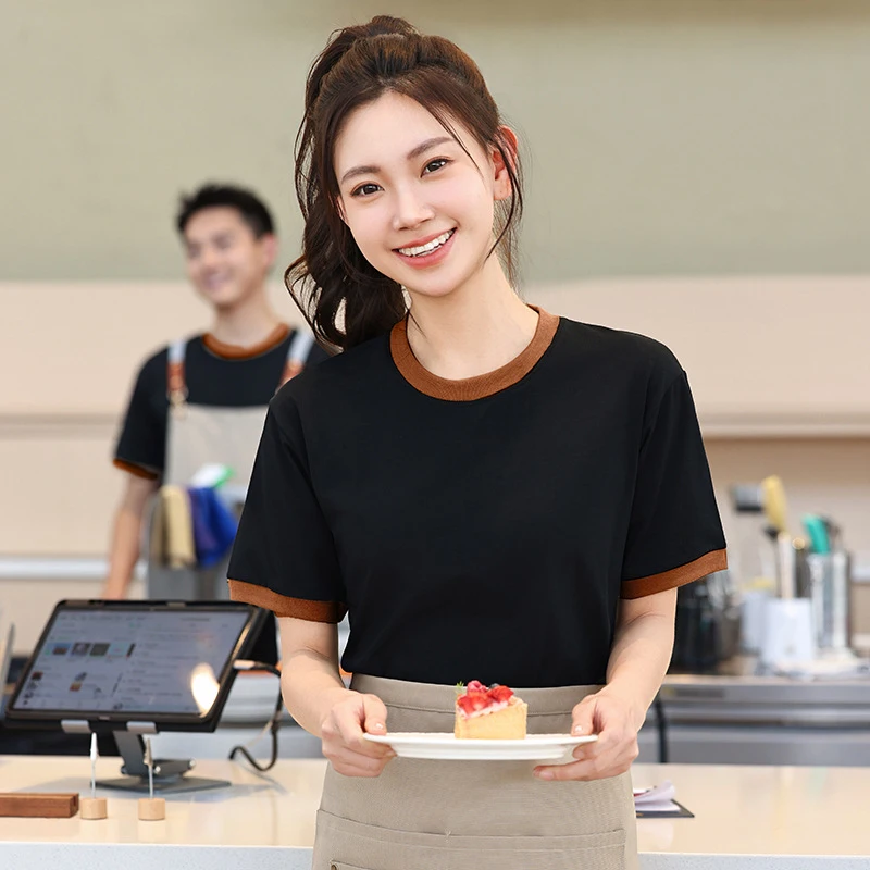 

Рабочая униформа для ресторанов и отелей, с короткими рукавами, для чайных домов, ресторанов, официантов отелей, летняя одежда для женского персонала, футболка.