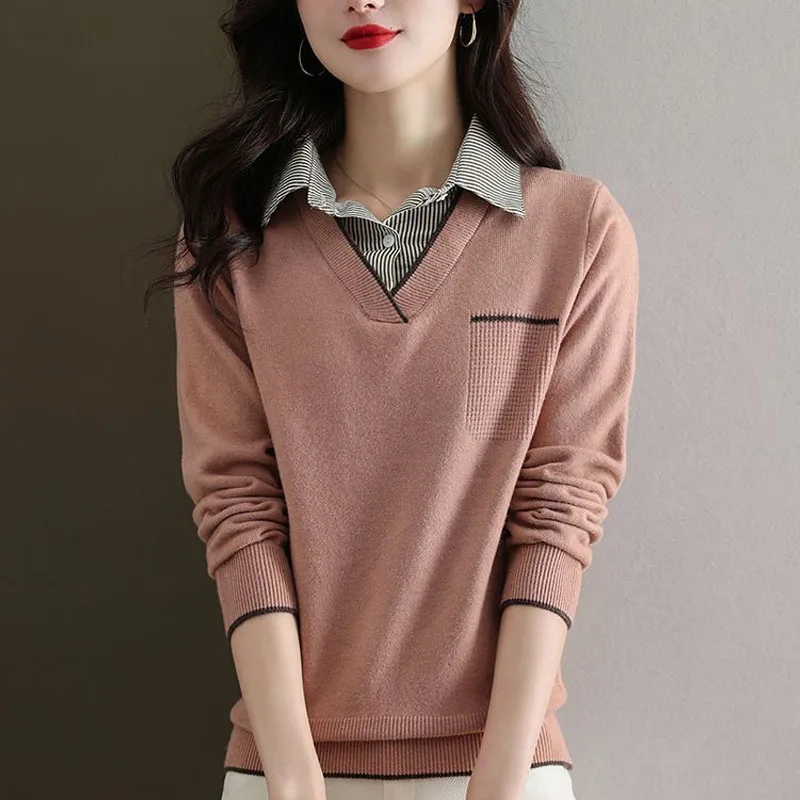 Spring and Autumn Fashion Trend Fake Two Piece Spliced Shirt Collar Loose Versatile Casual Age Reducing Women\'s Knitted Sweater