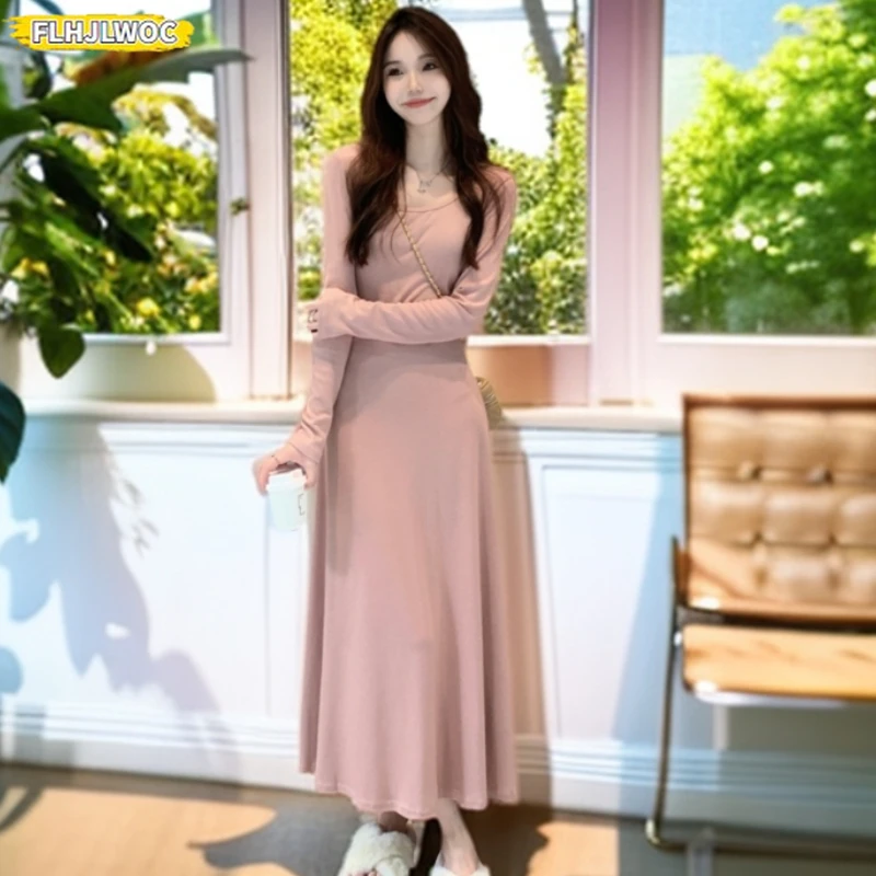 Otoño Invierno básico largo Maxi vestidos lindo dulce niñas mujeres Chic Corea Japón Casual sólido una línea rosa camiseta vestido