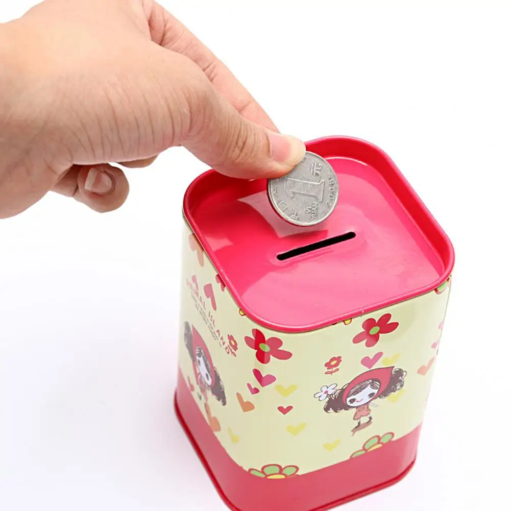 Piggy Bank Large Capacity Decorative Unbreakable Metal Cartoon Square Coin Saving Can for Home