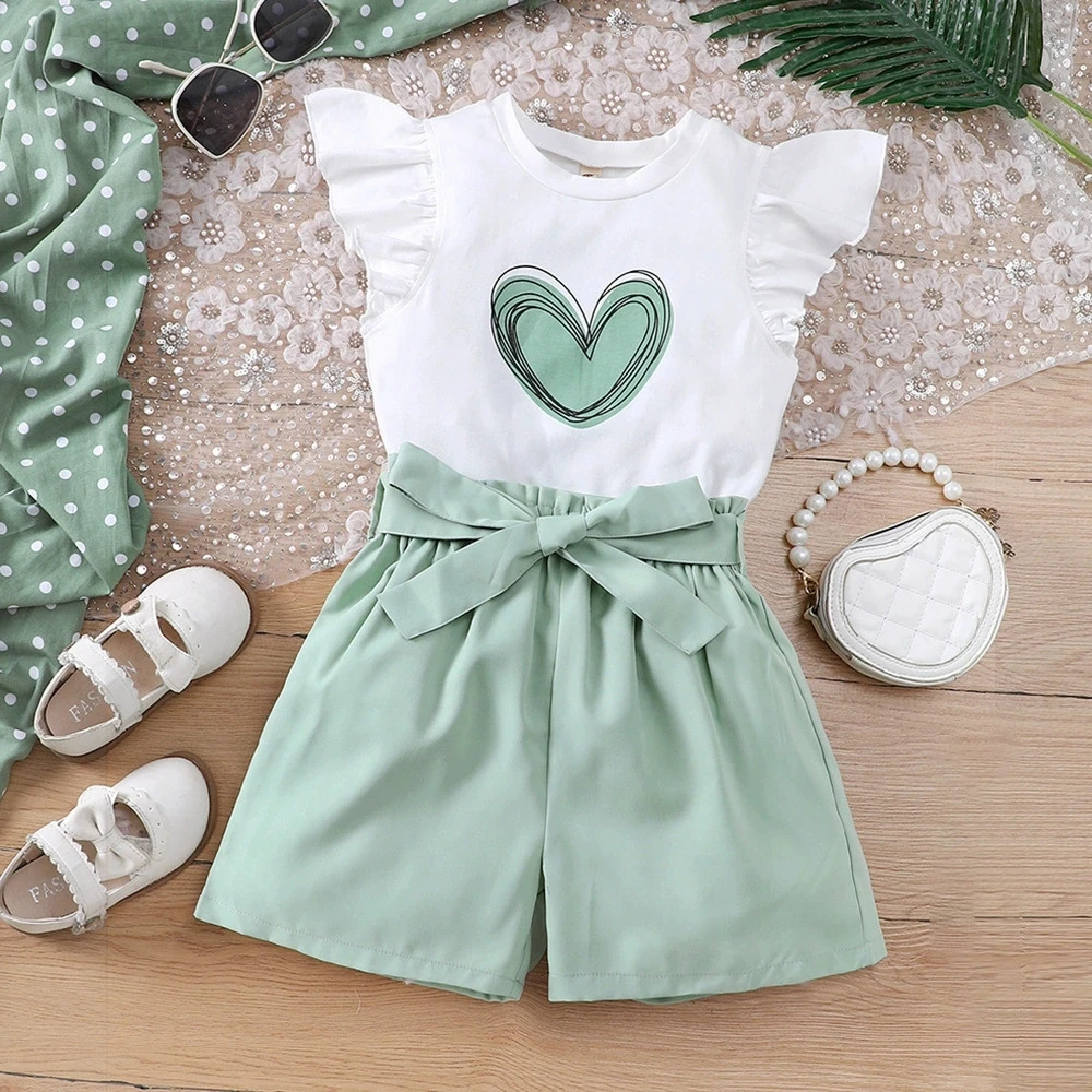 

Summer Kids Girls Clothes 2pcs Set Children White T-Shirt with Green Shorts Summer Teen Girls Outfits For 8 9 10 11 12 Years