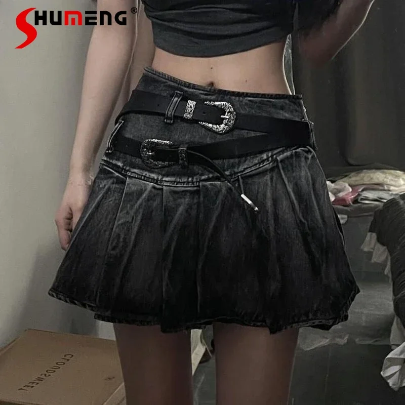 

American Highstreet Sweet Hot Y2k Girl Black Denim Skirts Subculture Gothic High Waist A-line Pleated Mini Jeans Skirt Women