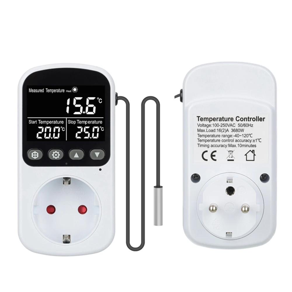 

LCD Screen Thermostat 16A 230V Digital Temperature Controller Outlet Sensor Probe Socket With Timer Switch Heating Cooling