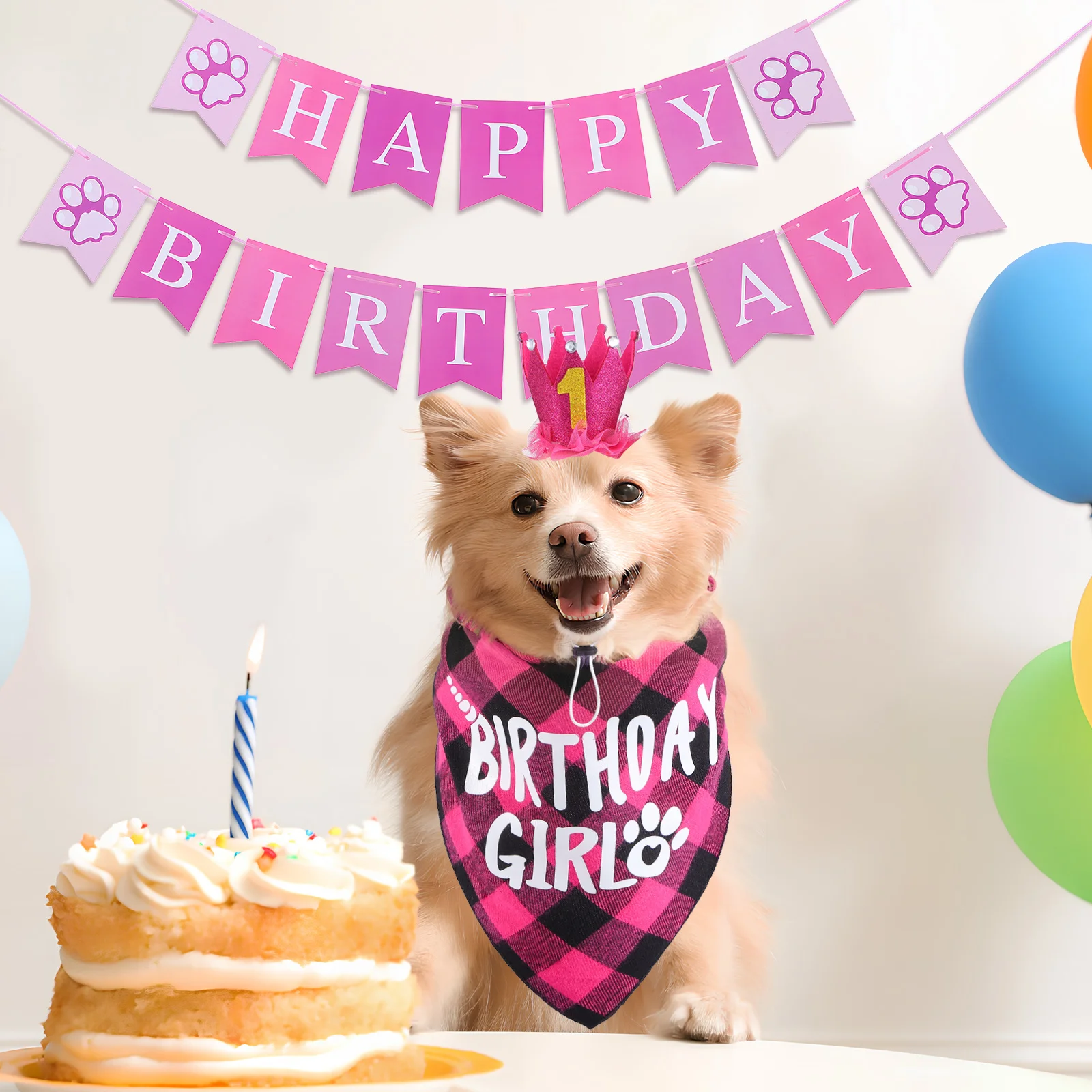 

1 Set Pet Birthday Party Supplies Dog Birthday Outfit Cat Hat Bandana Banner Small Dog Costume Accessories Puppy Decorations For