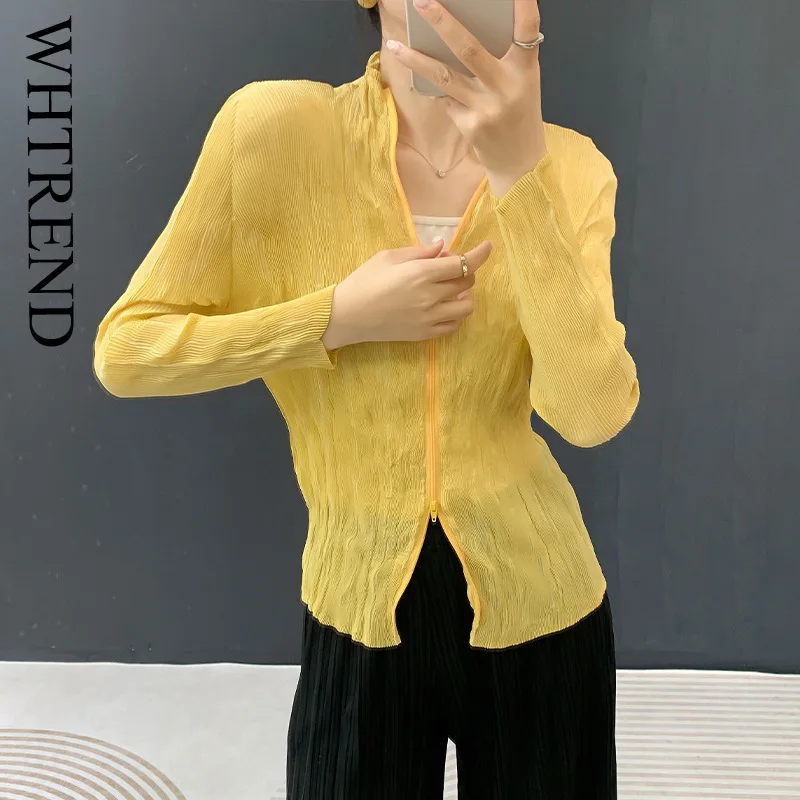 

WHTREND плиссированный кардиган на молнии, осень 2022, новые однотонные легкие тонкие модные тонкие рубашки в корейском стиле WH1737