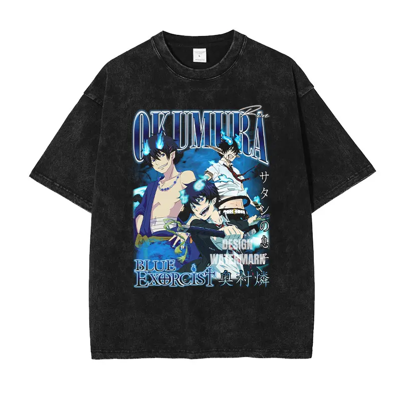 

Anime Okumura Rin T-shirt Oversized Vintage Washed Blue Exorcist T-shirts Retro A-Ao N-No E-Exorcist T Shirt Yukio Tops Tees Man