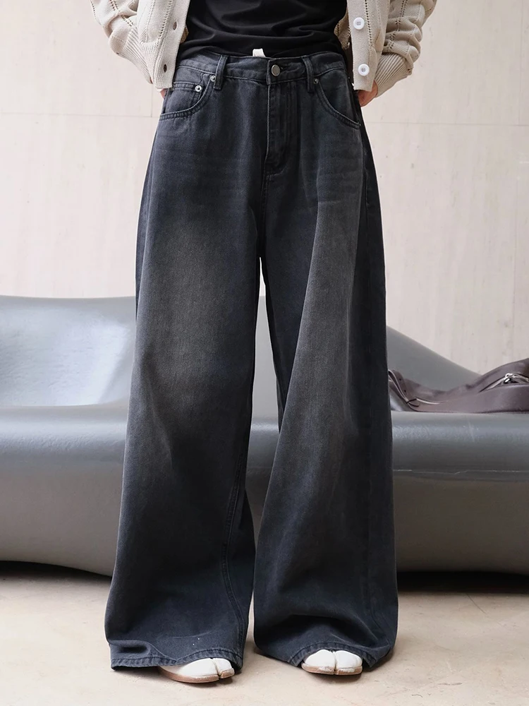 [EAM] High Waist Black Denim Vintage Long Casual Wide Leg Jeans New Women Trousers Fashion Tide Spring Autumn 2024 1DH6404