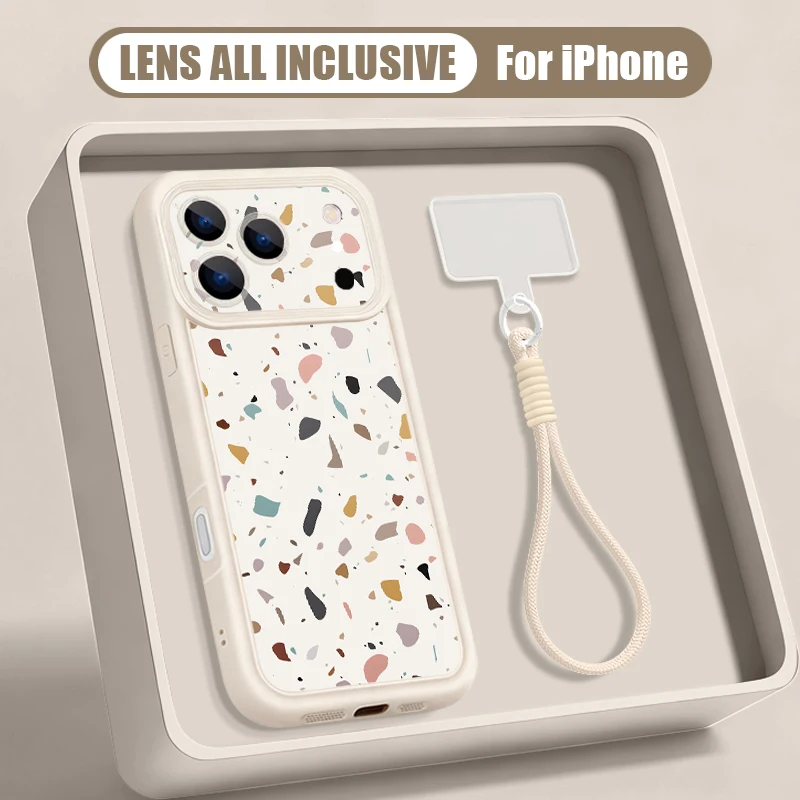 Wrist Strap Lanyard Phone Case For iPhone 17 Pro Max 17e 16e 16 14 15 13 Pro Max 11 Marble Pattern Soft TPU Silicone Back Cover view 2