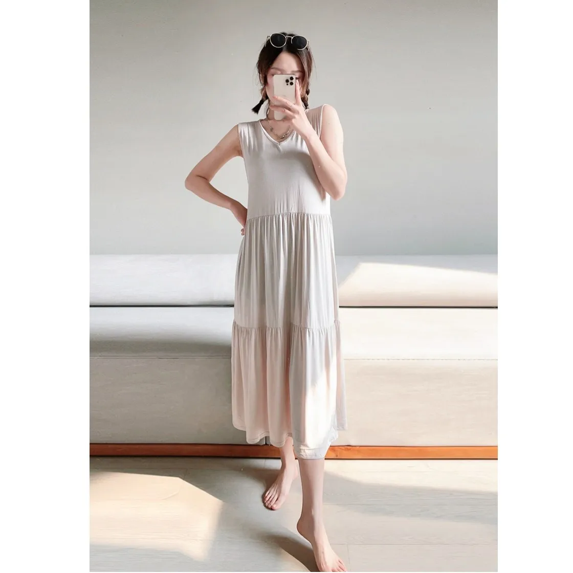 Women's Modal Tank Top dress V-Neck summer Tiered long dress sleeveless Causal A-Line sundress