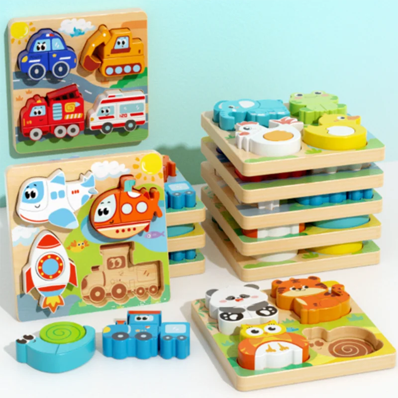

Детская трехмерная головоломка, деревянная познавательная головоломка Монтессори для раннего образования, соответствующая игрушку из строительных блоков в виде животных