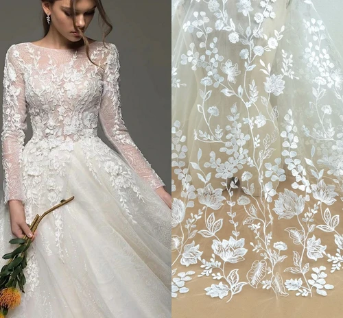 Imagen 1 del producto Tela de encaje para vestido de novia, moda elegante, 130cm de ancho, tela para vestido de novia, encaje de lentejuelas, venta por yarda