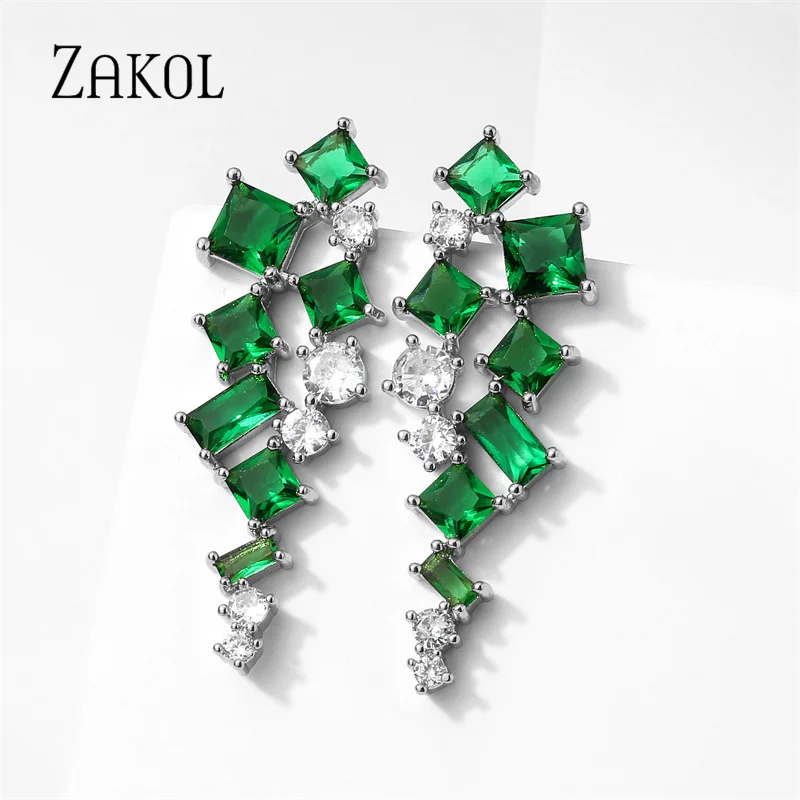 ZAKOL Vintage Green Square Symmetry Drop Earrings for Women Fashion Cubic Zircon Leaf Shape Earring Bridal Wedding Jewelry