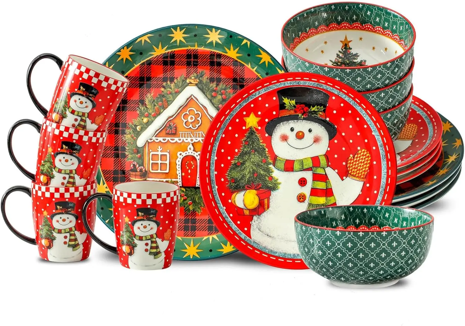 

16 Pcs Ceramic Dinnerware Sets, Holiday Coffee mugs Plates and Bowls Set for 4, Chip & Scratch Resistant Party Serving D