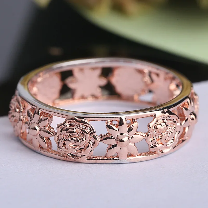

Retro Ring Rose Flower Crystal Engagement Ring Bands Party Rose Gold Color Fine Jewelry For Women New Year Gift