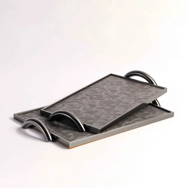 Modern simple metal leather binaural handle rectangular tray creative decorative ornament desktop model room