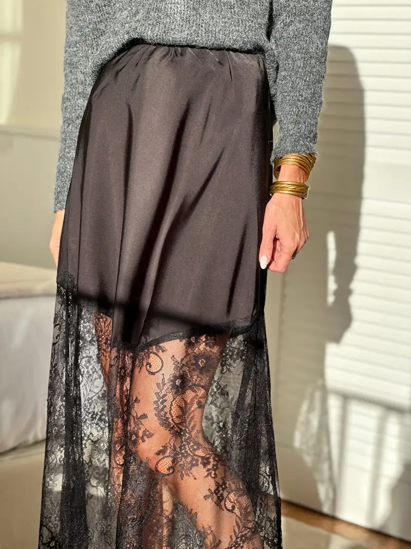 

Lace Stitching Skirt Women's Casual Midi Skirt High Waist A-Line Skirt with Pockets Solid Color