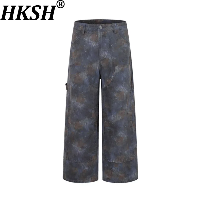 

HKSH Spring New Men's American Vintage Fashion Pocket Safari Style Paint Patchwork Jeans Straight Denim Pants Streetwear HK20855
