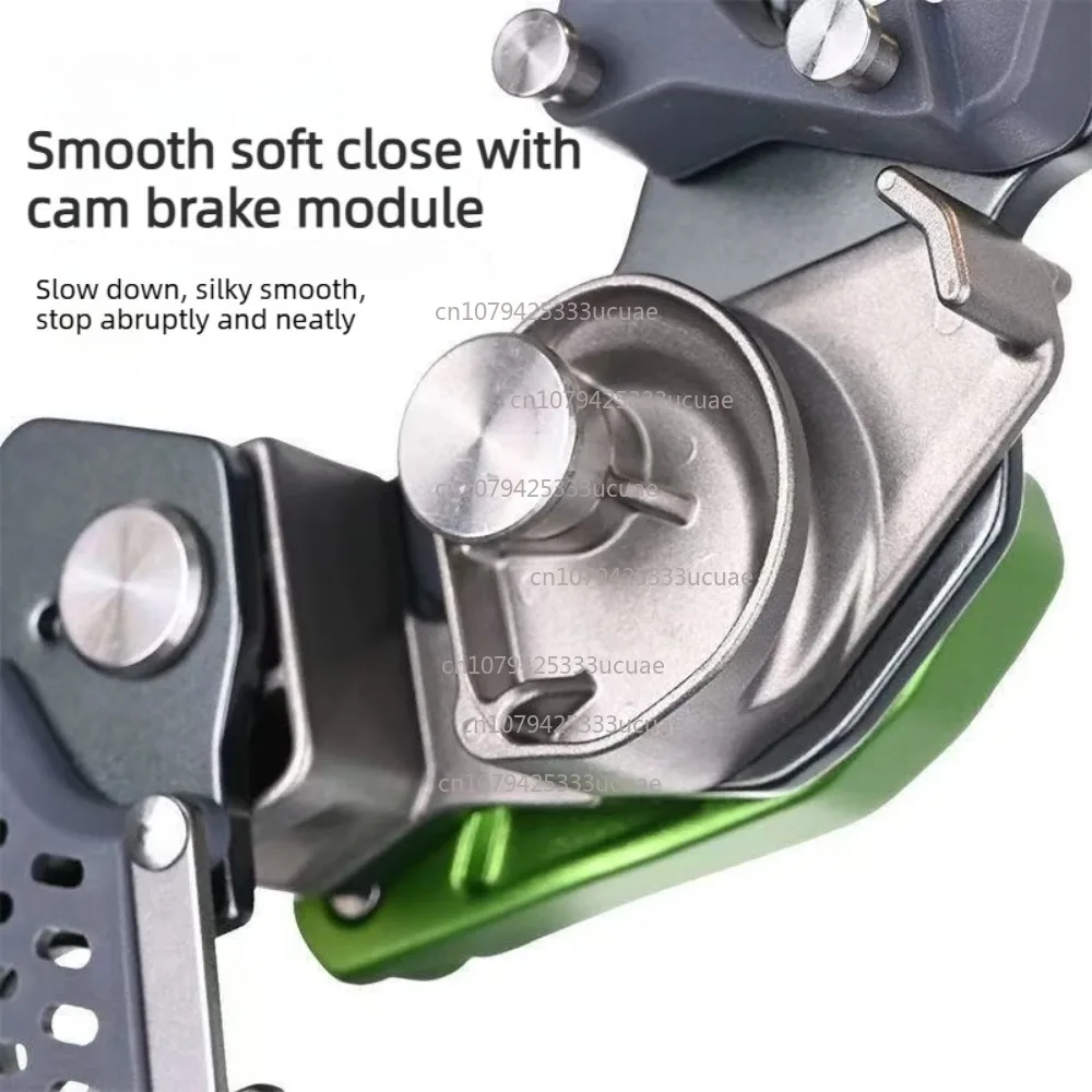 A lightweight, anti-panic controlled descent device for outdoor rock climbing/ropes, emergency rescue, and high-altitude work