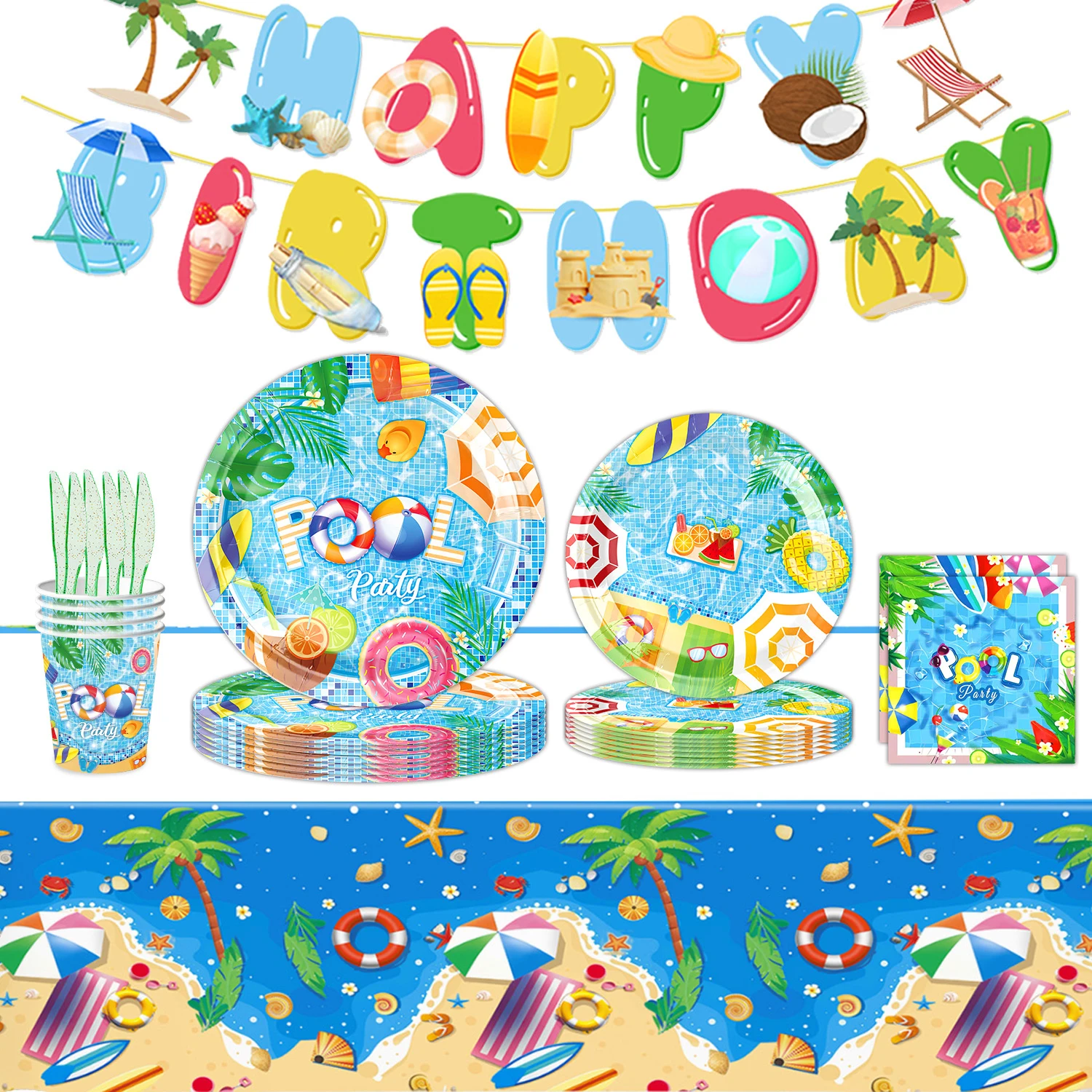 

Disposable Tableware for Swimming Pool Theme Party, Atmosphere Arrangement, Scene Decoration