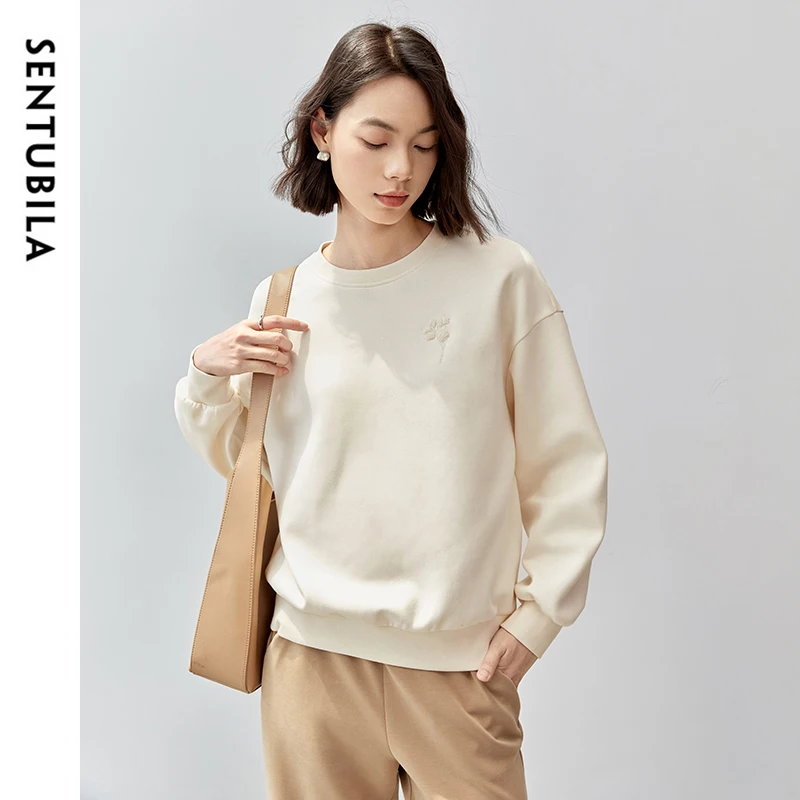 SENTUBILA Autumn Winter Solid Cotton Woman Sweatshirts Embroidery Loose Fit O Neck Drop Sleeve Pullover Female Clothes 143A55946