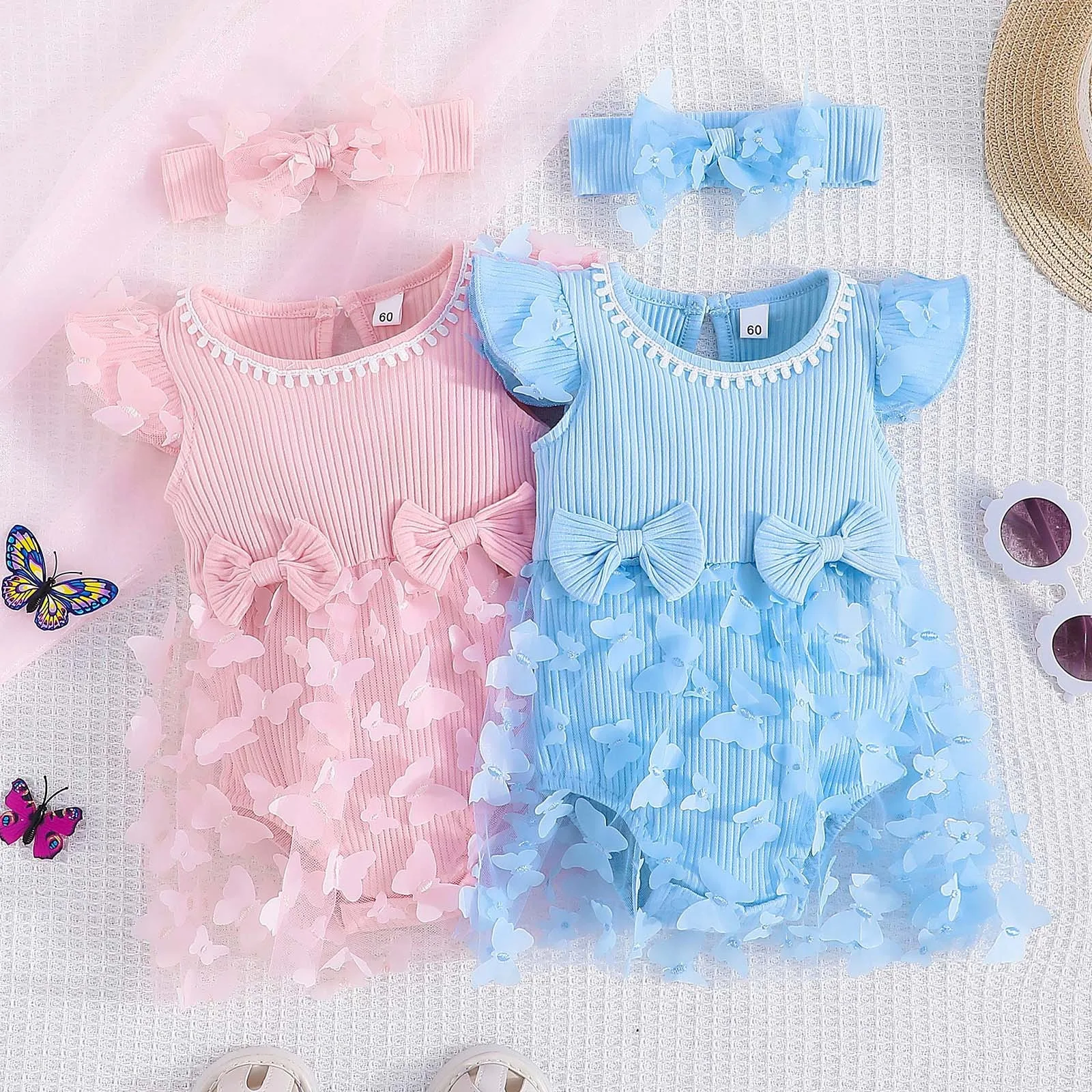 

2024 Kids Cute Floral Romper 2pc Baby Girls Clothes Jumpsuit Romper+Headband 0-18M Toddler Newborn Outfits Children Dress Set