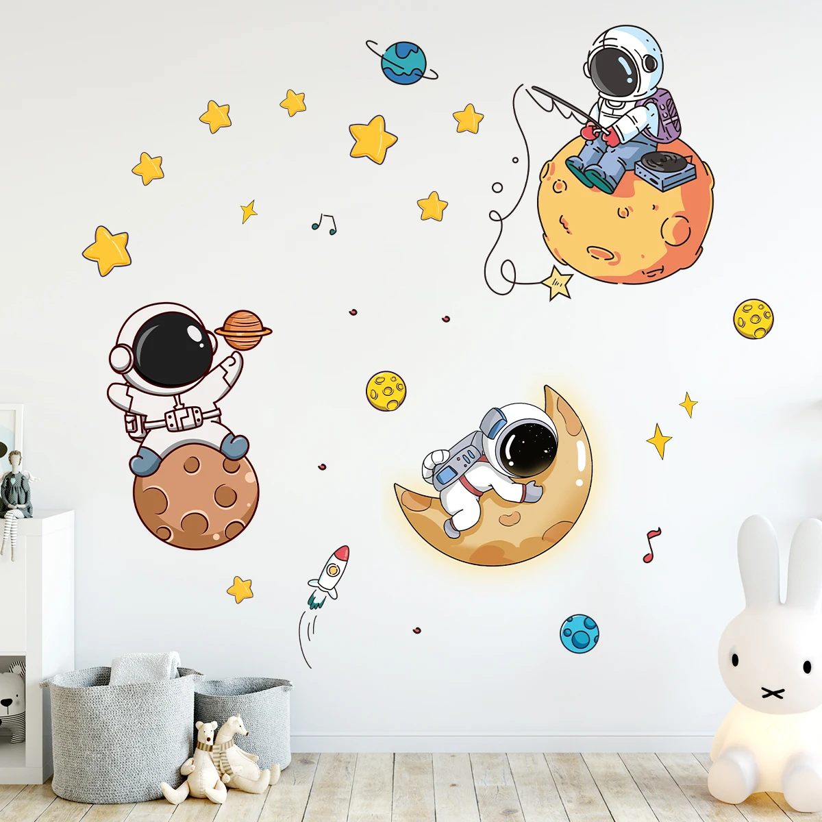 Cartoon Astronaut Planet Moon Star Wall Stickers for Kids Room Background Bedroom Decoration Living Room Home Decor Wall Decal