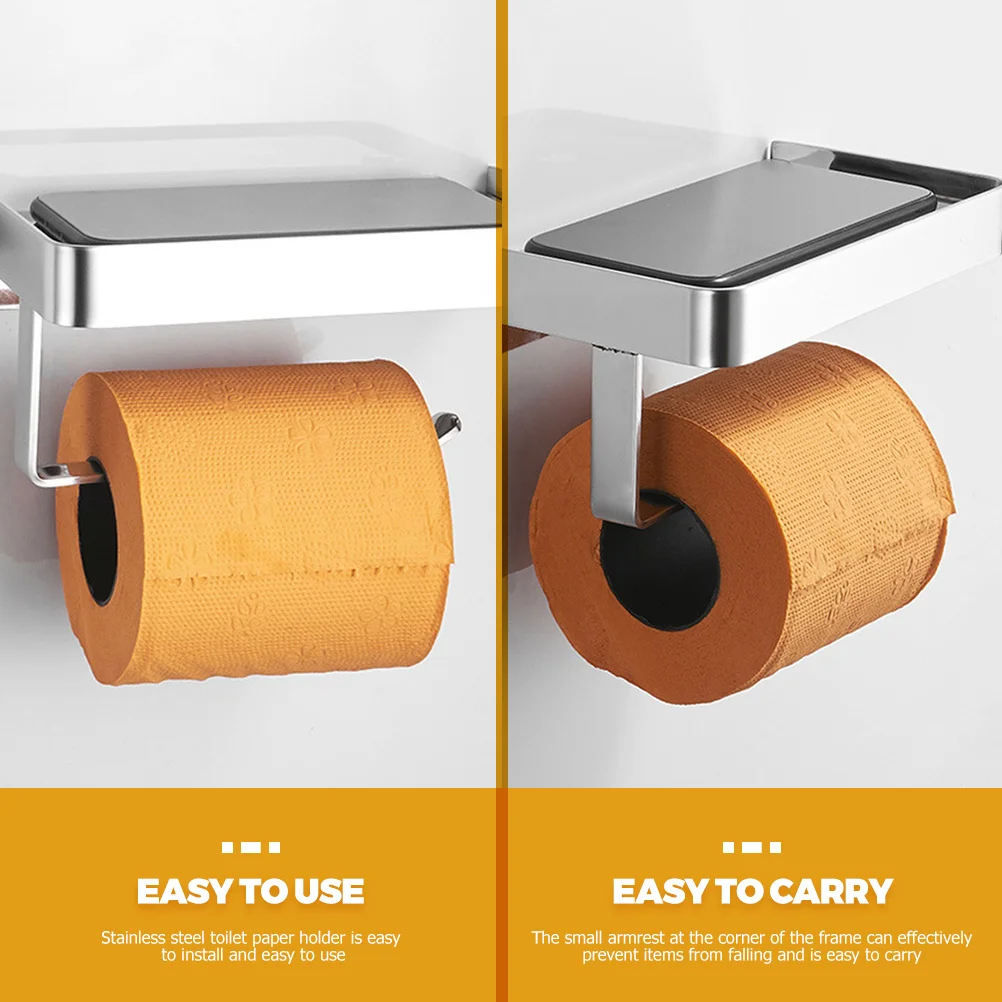 

Wall Mounted Toilet Tissue Roll Holder with Phone Shelf Stainless Steel Material Suitable for Smooth Surfaces Ceramic Tiles
