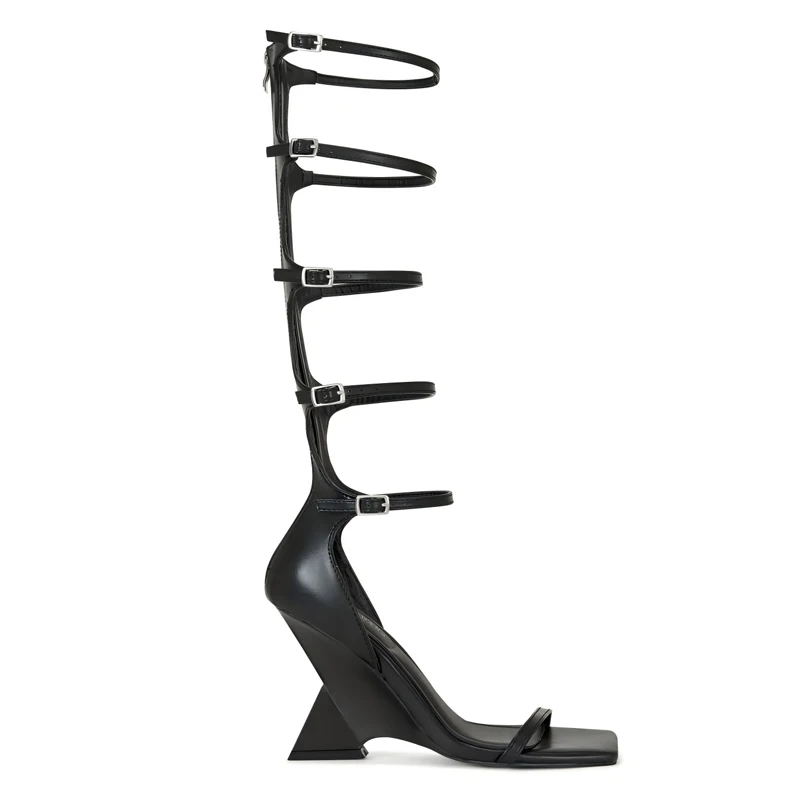 Black Multi-Strap Buckles Wedge Gladiator Sandals Woman Summer 2026 Square Toe Open Toe Rear Zipper High-Heeled Shoes for Women