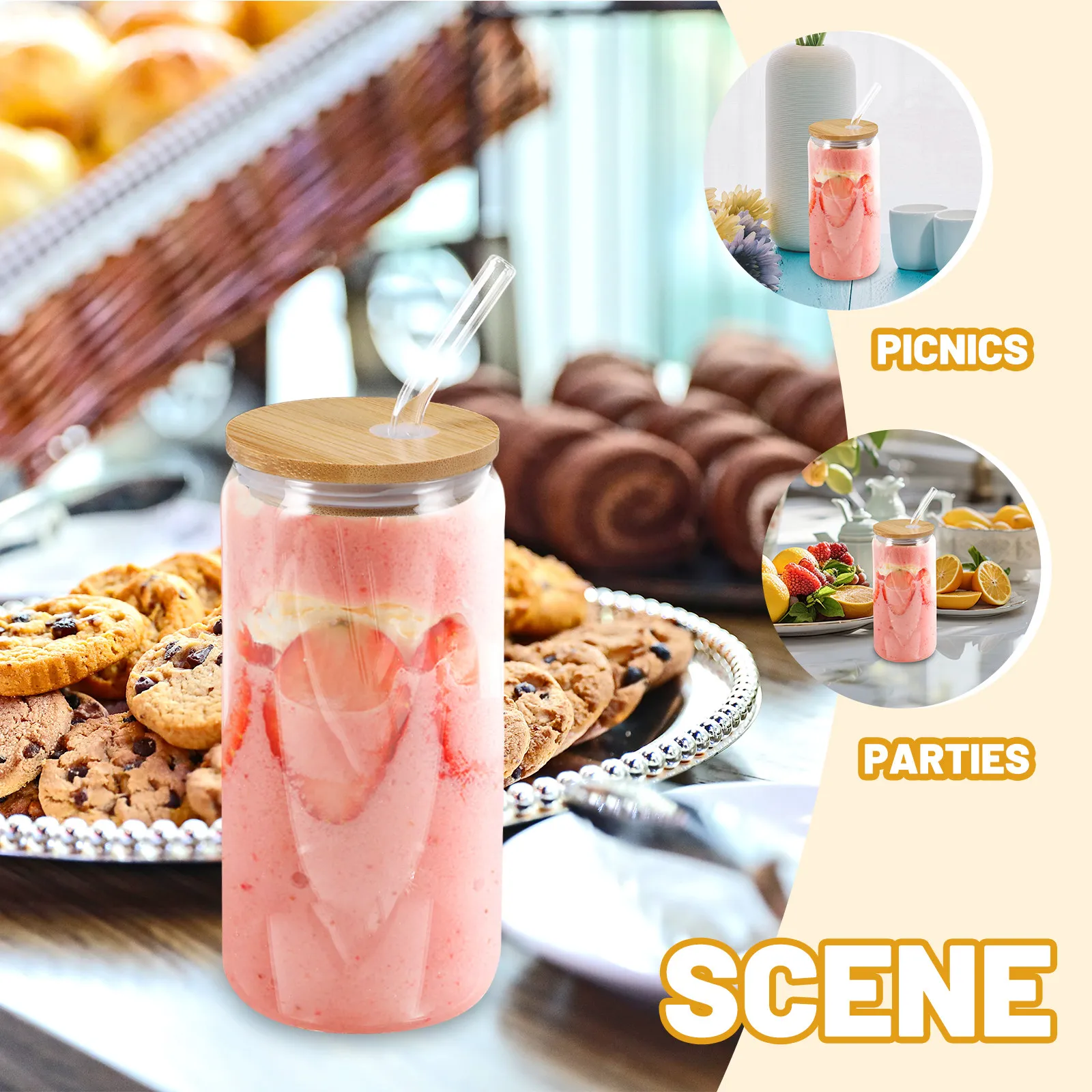 1Set Glass Coffee Cup Set Clear Leak Proof Drinking Cup with Bamboo Lid Straw for Hot Cold Beverages Cocktail Juice Milk Tea view 2