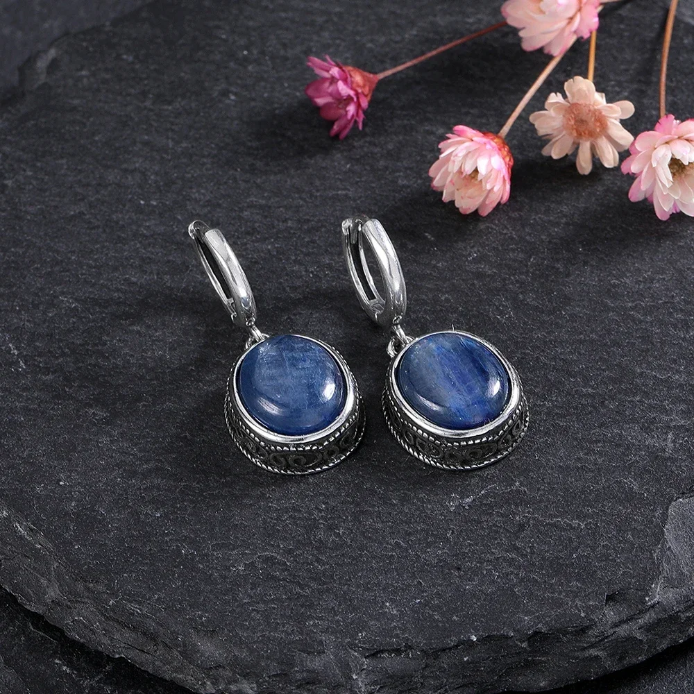 Oval Natural Kyanite Labradorite 925 Sterling Silver Hoop Earrings for Women Retro Party Dainty Earring Jewelry Wedding Gift