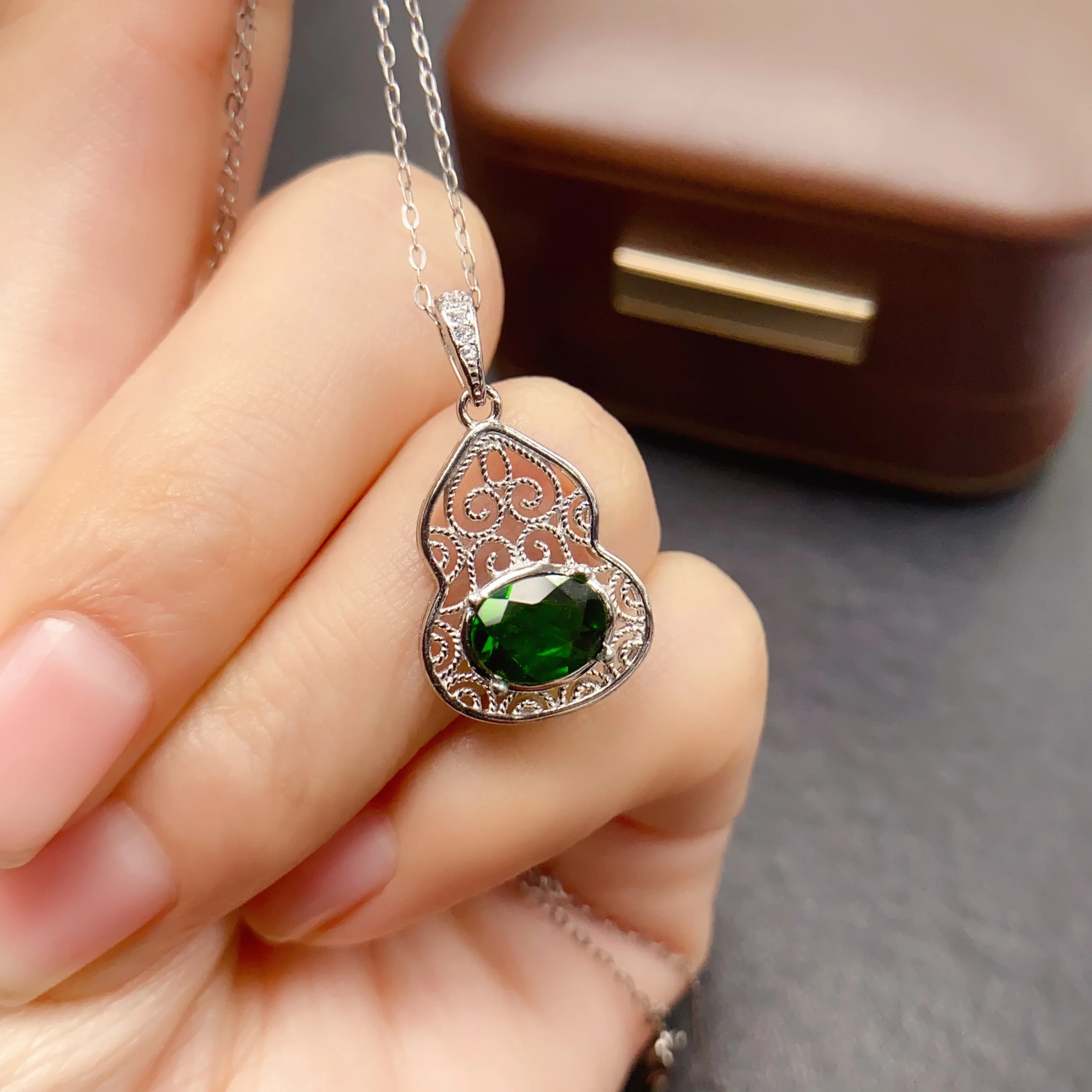 6*8mm Natural Diopside S925 Sterling Silver Calabash Pendant Necklace Fine Fashion Charm Weddings Jewelry for Women