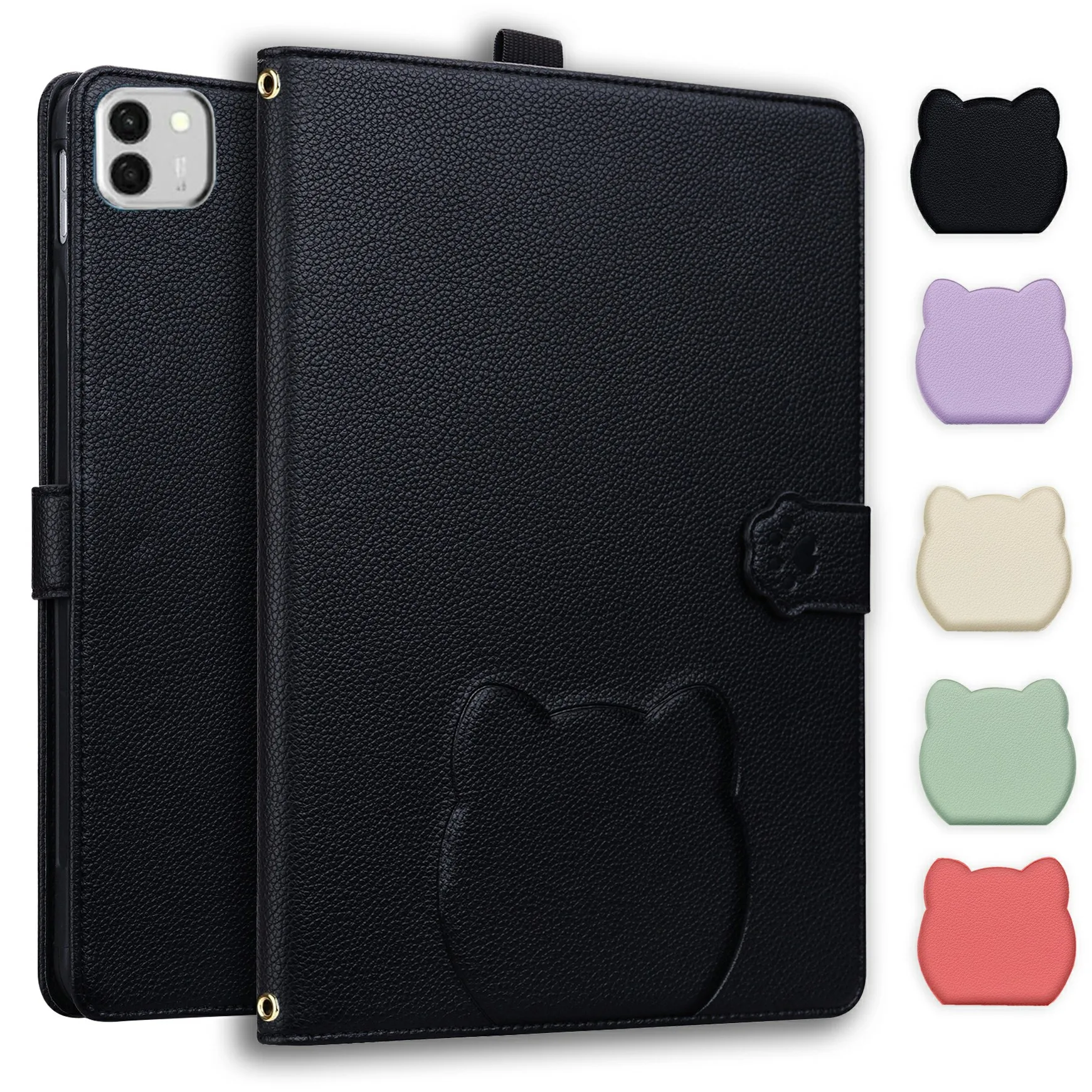 For Honor MagicPad 4 Wallet Case Leather Stand Tablet Cover with Stylus Holder, 3D Effect Cat Pattern - Black