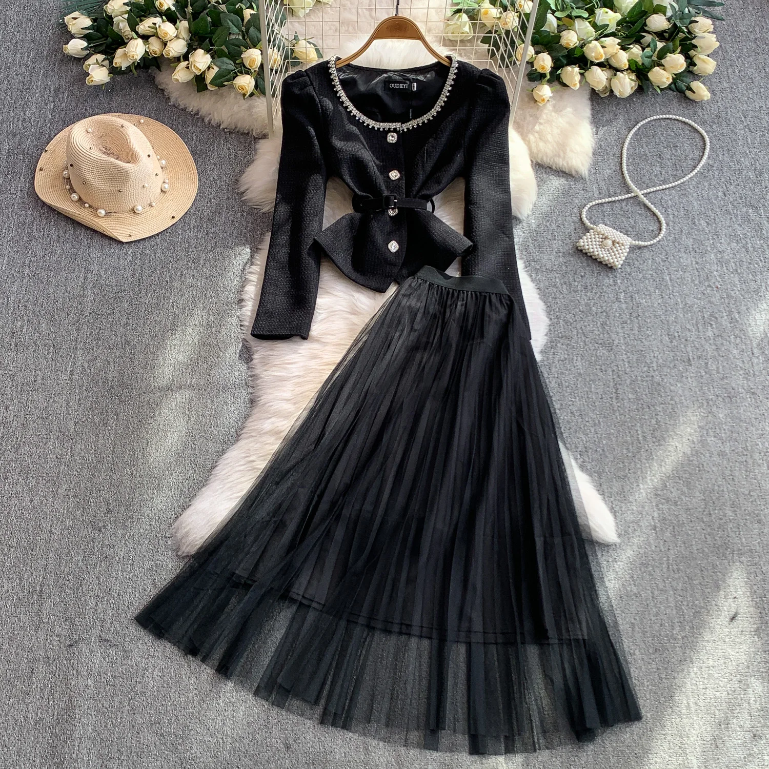 

Vintage Elegant long sleeve mesh slim button korean Fashion women clothing autumn dresses Two Piece Set