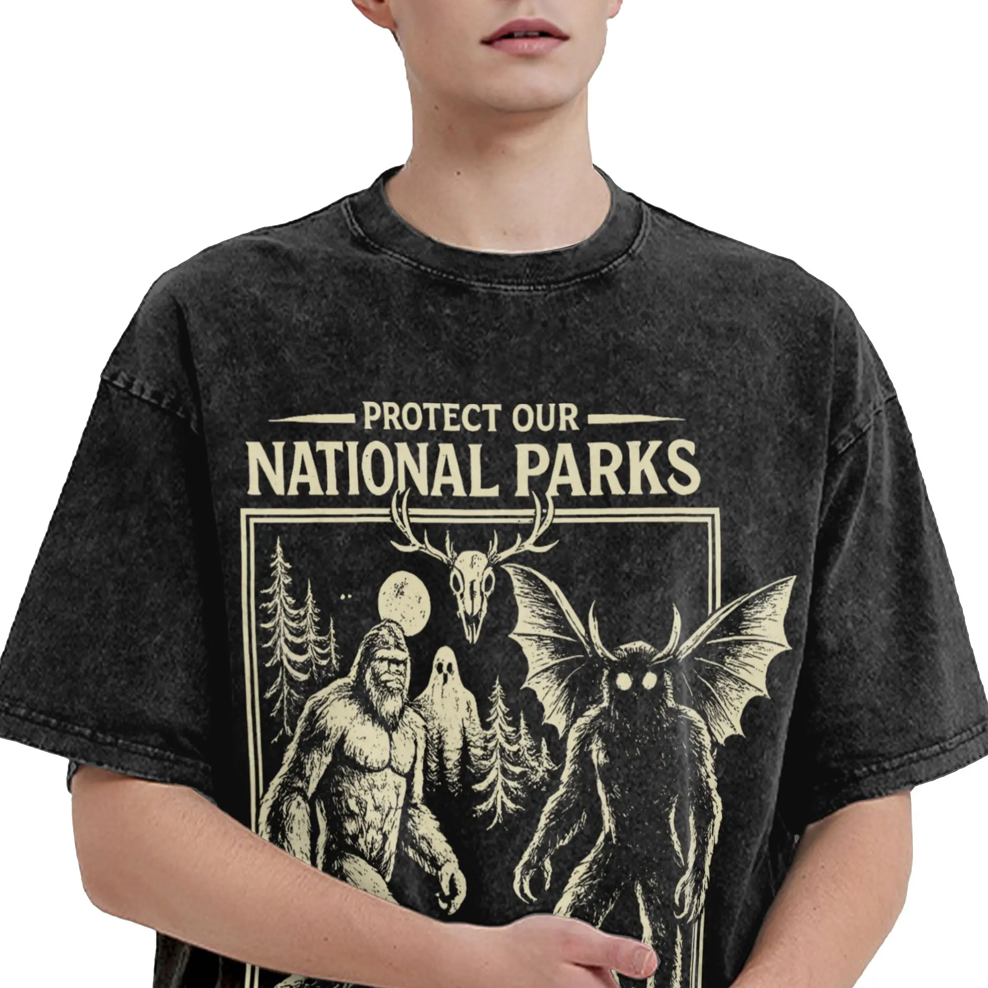 Protect Our National Parks or We'll Haunt Your Backyard  T Shirt Hip Hop Washed Cotton Street T-Shirt for Men Women Streetwear