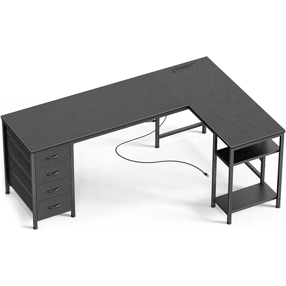 

63 H L Shaped Desk With Fabric Drawers, Reversible Computer Gaming Desk With Power Outlets And Usb-C Port, Adjustable Side