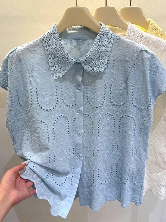 Ele Embroidered Hollow out Svel  Ne T-irt Women's Summer Faion Casual Loose Fit Top Trendy Korean Sle