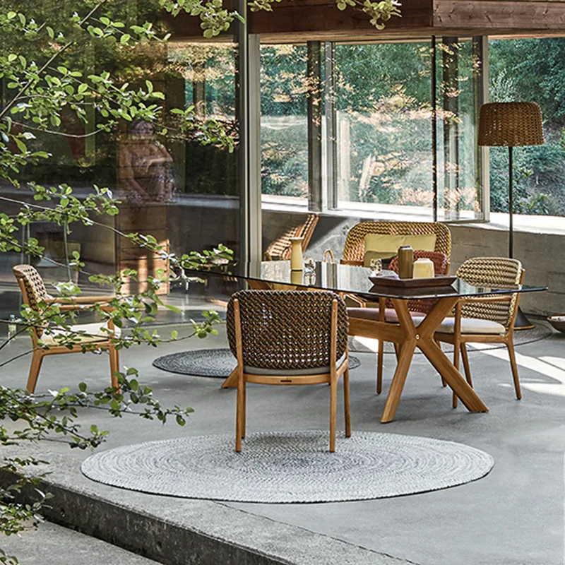 Outdoor rattan dining chair Nordic teak dining table and chair anti-corrosion sun protection villa furniture outdoor rattan chai