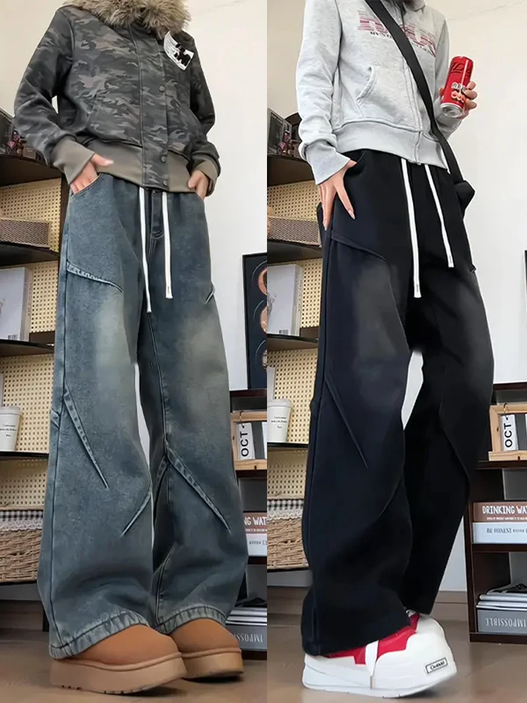 

Men's Workwear Denim Jeans mid Waist Pleated Fce Lined Thi Straight Leg Casual Long Trousers Autumn Winter Loose Fit