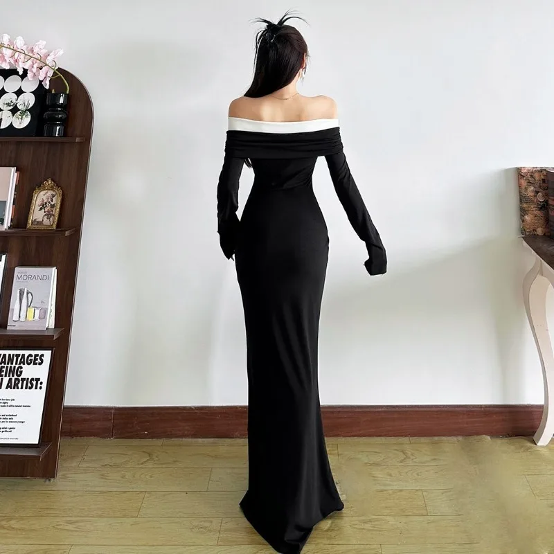 فستان نسائي بتصميم جديد مخيط عصري وأنيق باللون الأسود والأبيض متباين بتصميم شريط زهور ثلاثي الأبعاد #6