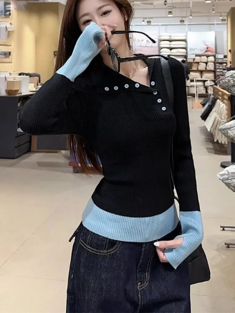 

Minority Panelled Patchwork Turn-down Collar Knit Wear Slim Elegant Pullover Undershirt Casual All-match Mujer